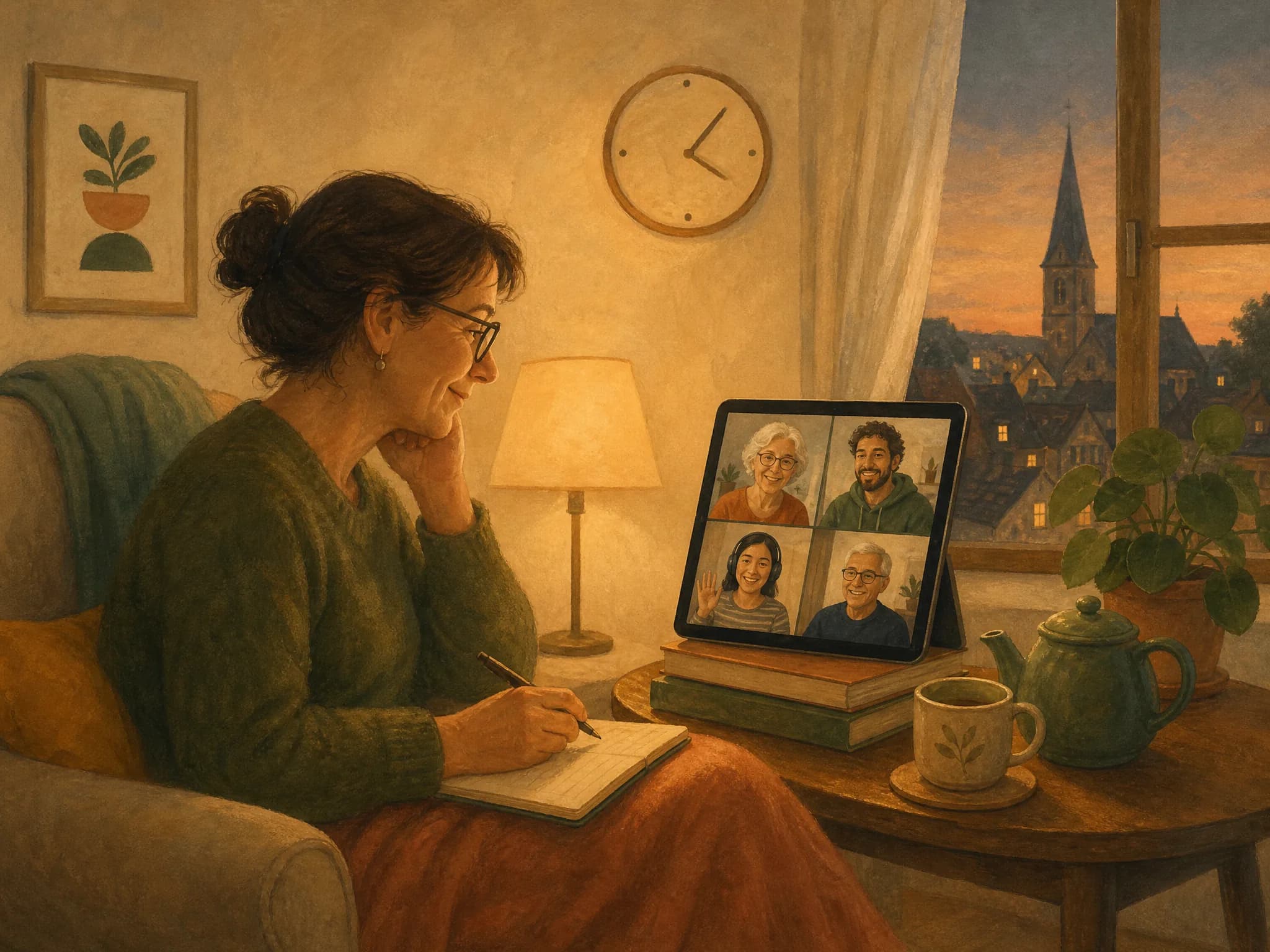Illustration: Eine Frau sitzt abends im Sessel vor einem Tablet, auf dem vier freundliche Gesichter zu sehen sind