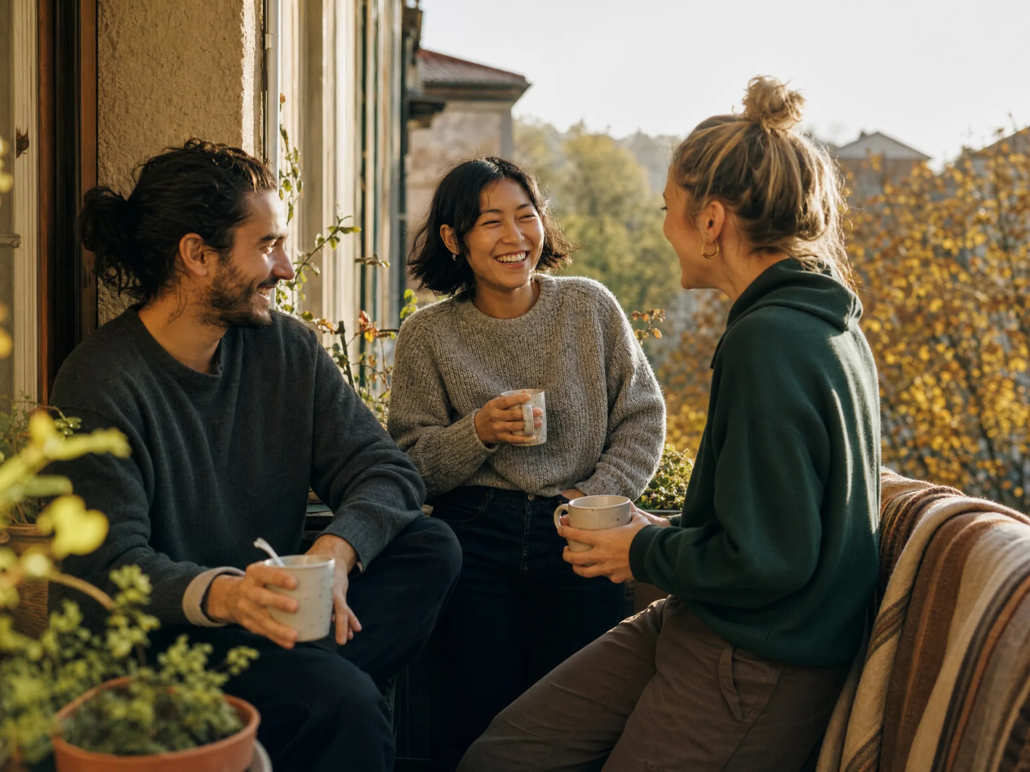 Drei Freunde beim entspannten Kaffee auf einem sonnigen Balkon im Herbstlicht