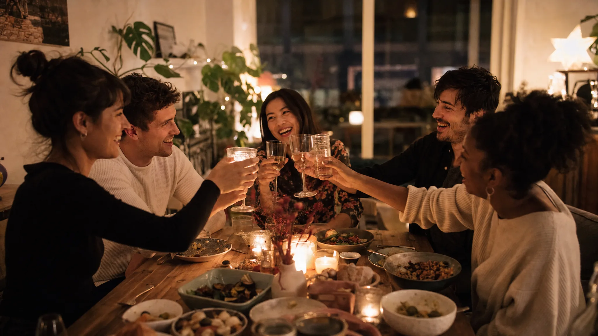 Fünf Freunde stoßen bei einem warmen Abendessen mit Kerzenlicht miteinander an