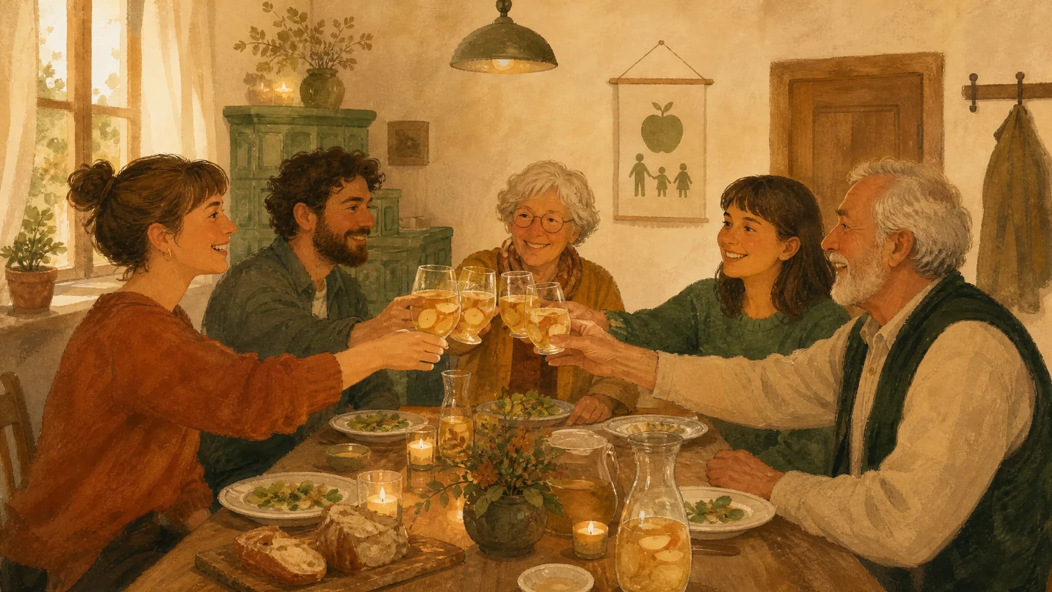 Fünf Freunde stoßen bei einem warmen Abendessen mit Kerzenlicht miteinander an