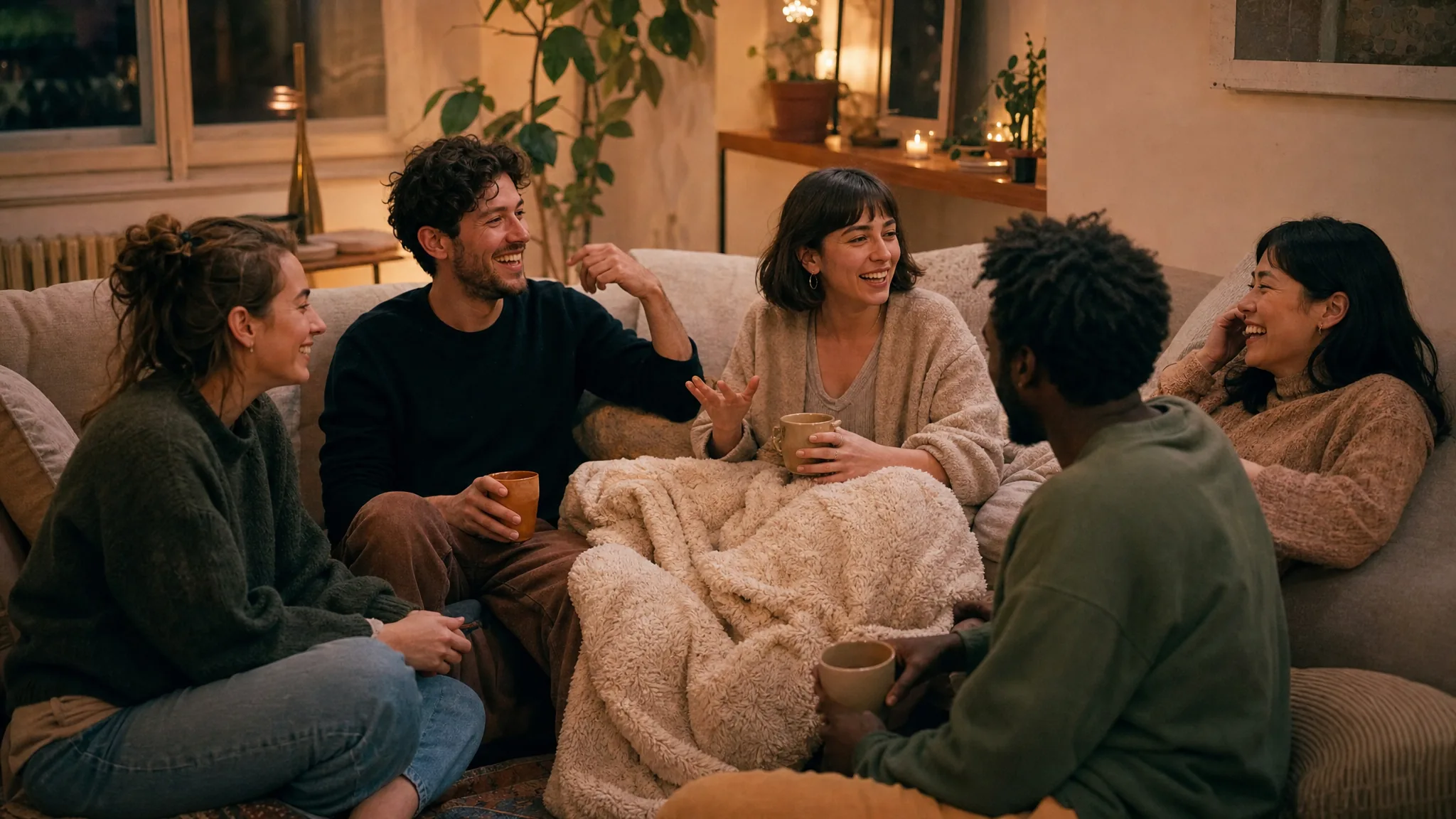 Fünf Freunde stoßen bei einem warmen Abendessen mit Kerzenlicht miteinander an