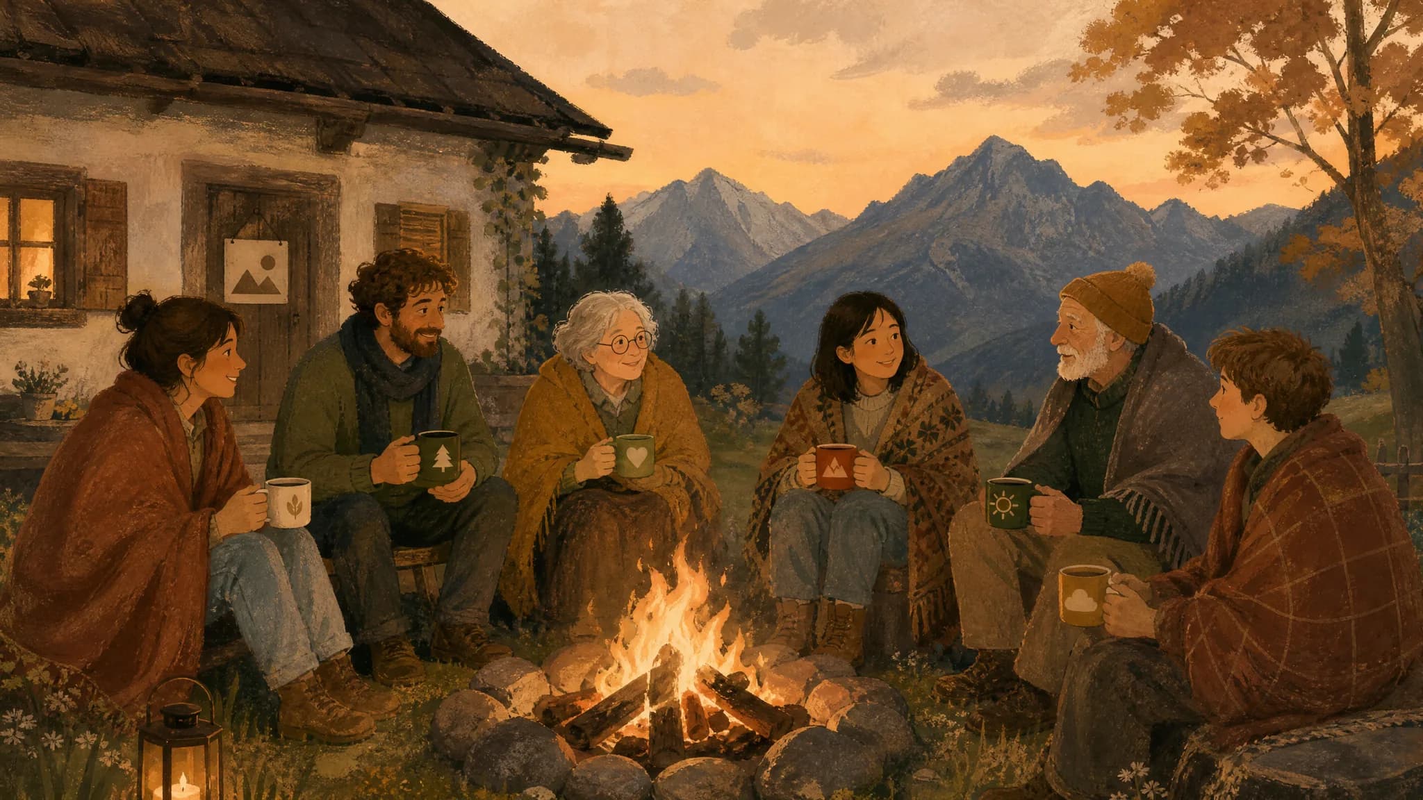 Eine kleine Runde in Decken um ein Feuer, dahinter die Bergsilhouette am Abend