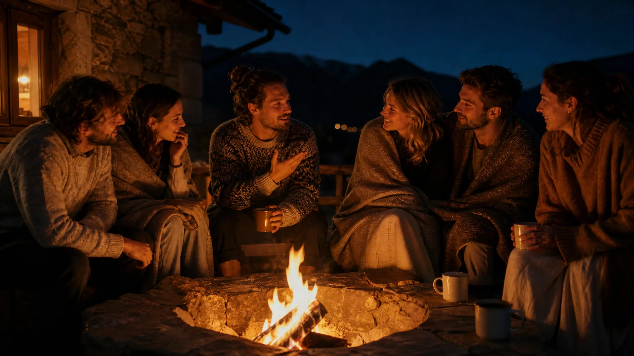 Eine kleine Runde in Decken um ein Feuer, dahinter die Bergsilhouette am Abend
