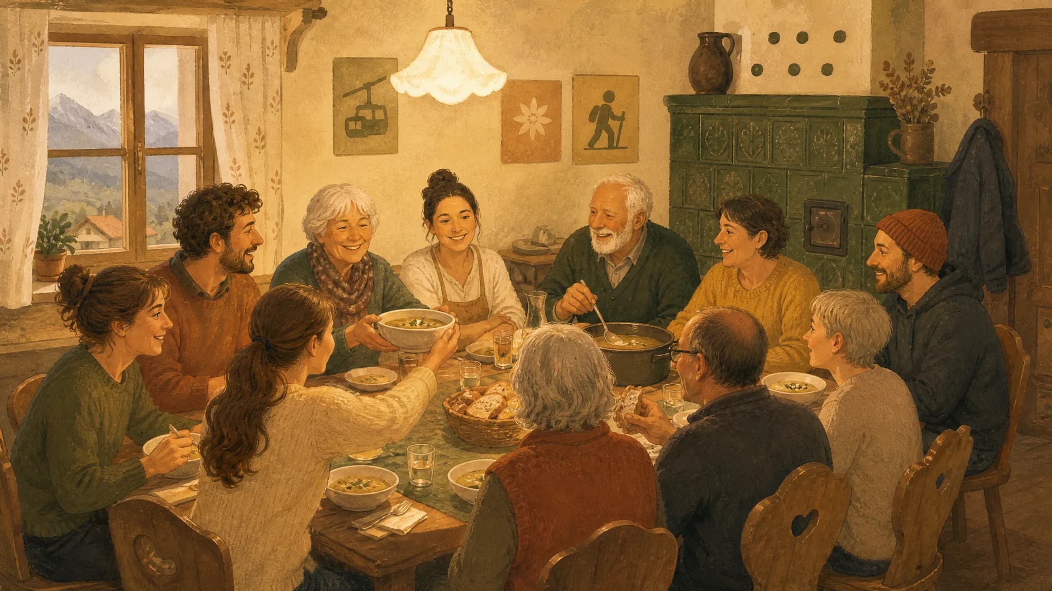 Ein langer Holztisch mit Schüsseln und Kerzen, eine Gruppe beim gemeinsamen Abendessen