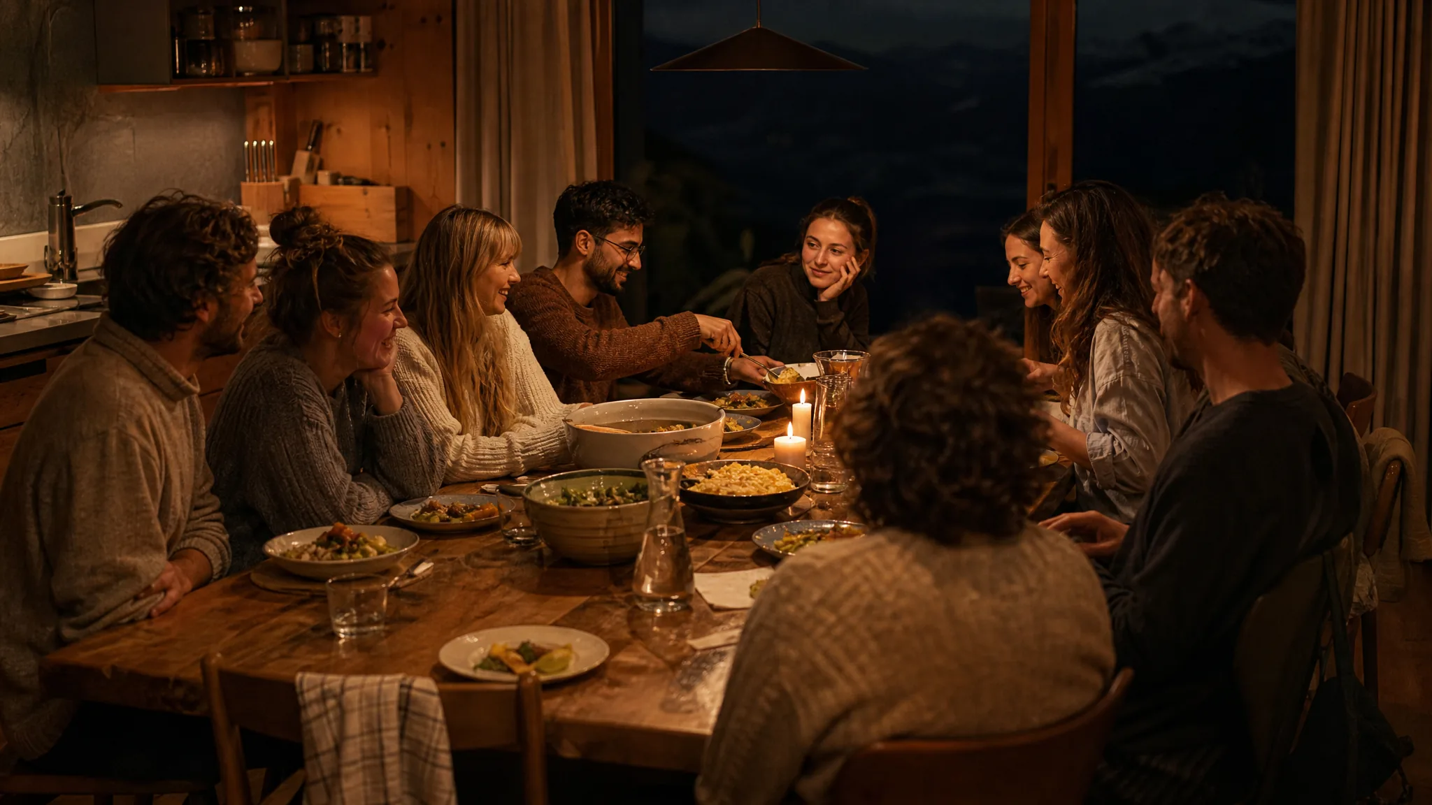 Ein langer Holztisch mit Schüsseln und Kerzen, eine Gruppe beim gemeinsamen Abendessen