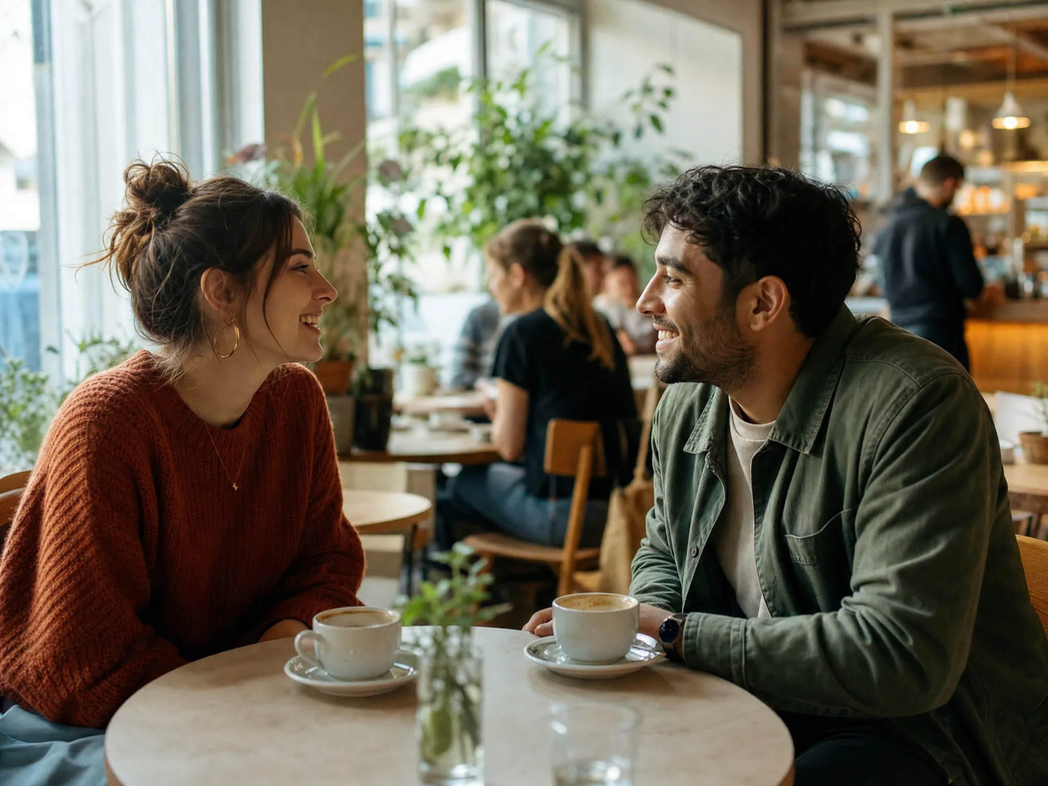 Zwei Menschen treffen sich entspannt zum ersten Mal an einem Tisch in einem hellen, belebten Café