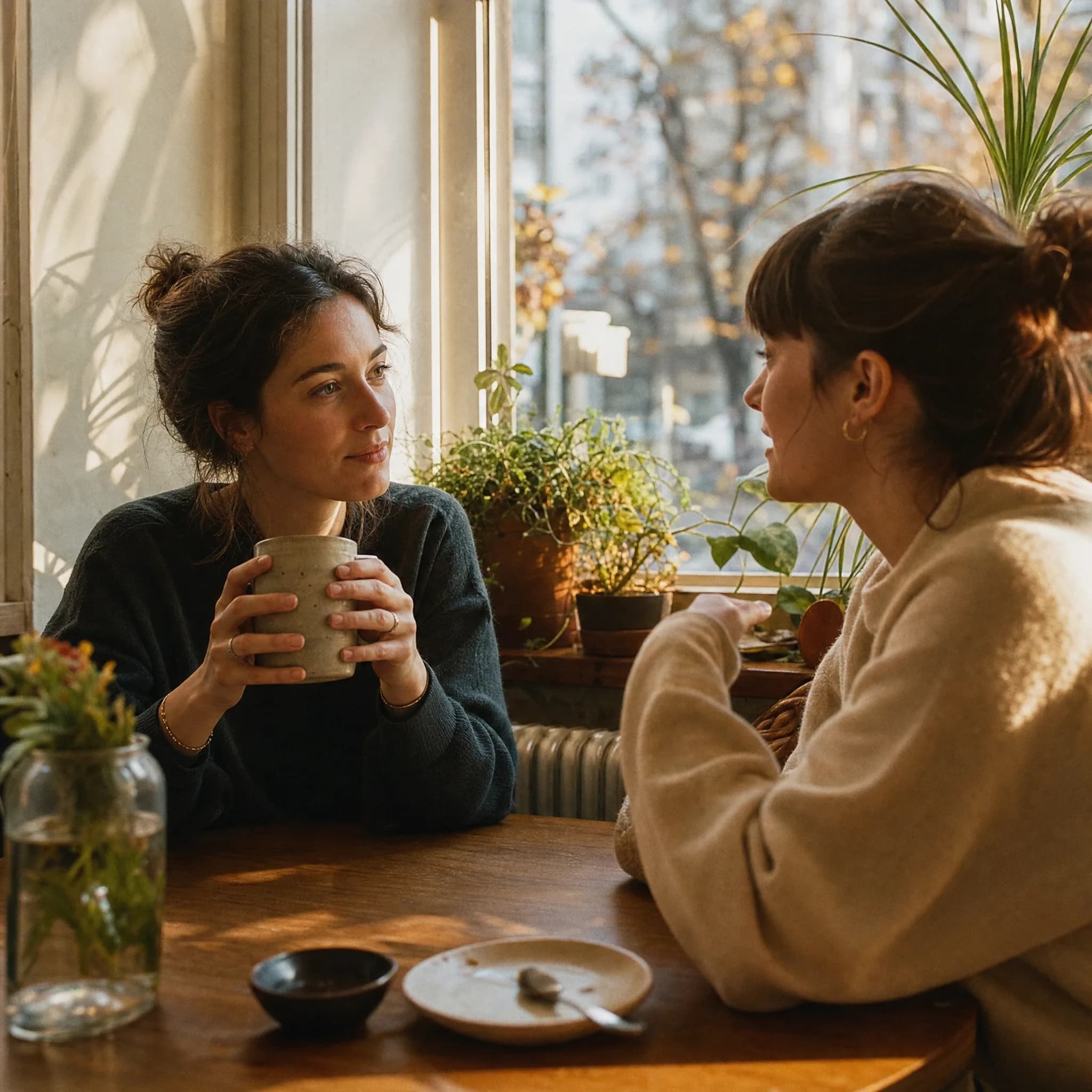 Zwei Frauen sitzen mit Tee am Fenster und reden