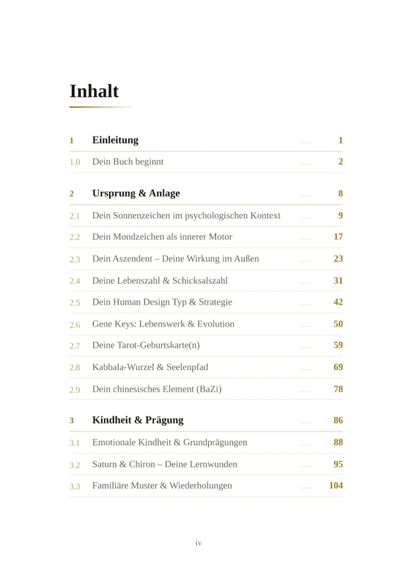 Buchseite „Inhalt“: Einleitung, Ursprung und Anlage mit Sonnenzeichen, Mondzeichen, Aszendent und weiteren Kapiteln, Kindheit und Prägung.