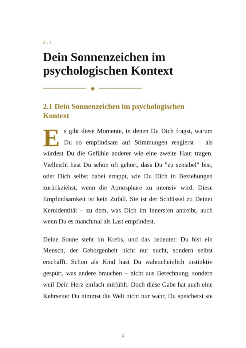Buchseite: Kapitel 2.1 „Dein Sonnenzeichen im psychologischen Kontext“, Fließtext mit goldener Initiale.