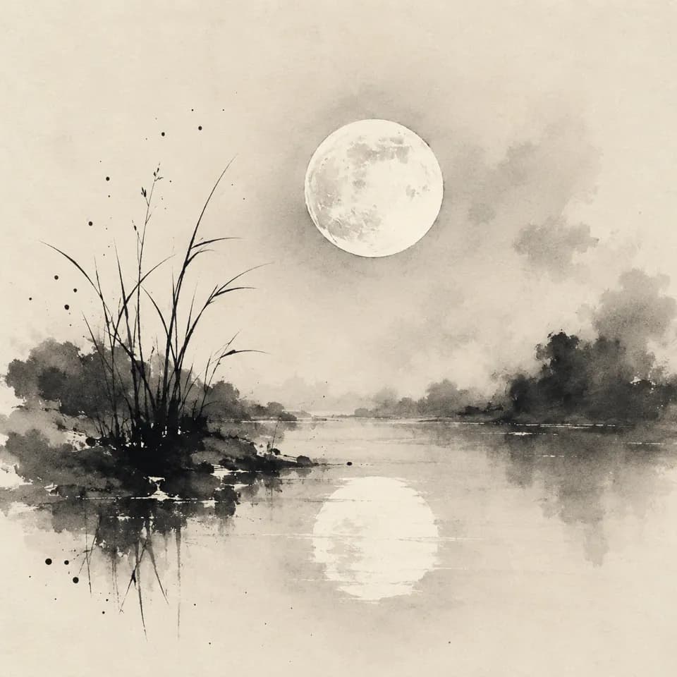Tuschebild: ein Vollmond über einem stillen Fluss, im Wasser spiegelt er sich rund und klar, links Schilf.