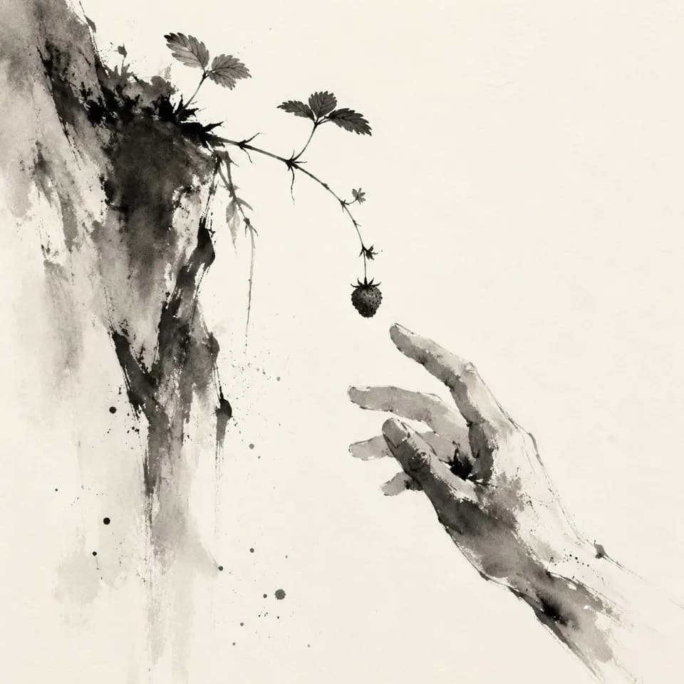 Tuschebild: eine Hand greift nach einer wilden Erdbeere, die an einer Ranke von einer Felswand hängt.
