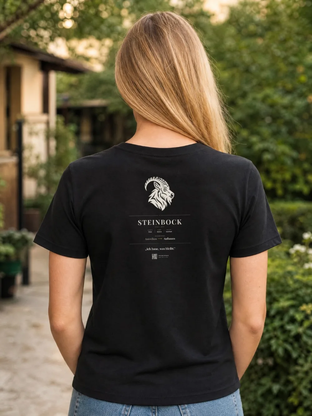 Shirt mit dem Steckbrief Steinbock auf dem Rücken — Rücken