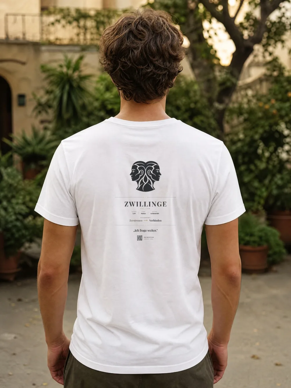 Shirt mit dem Steckbrief Zwillinge auf dem Rücken — Rücken
