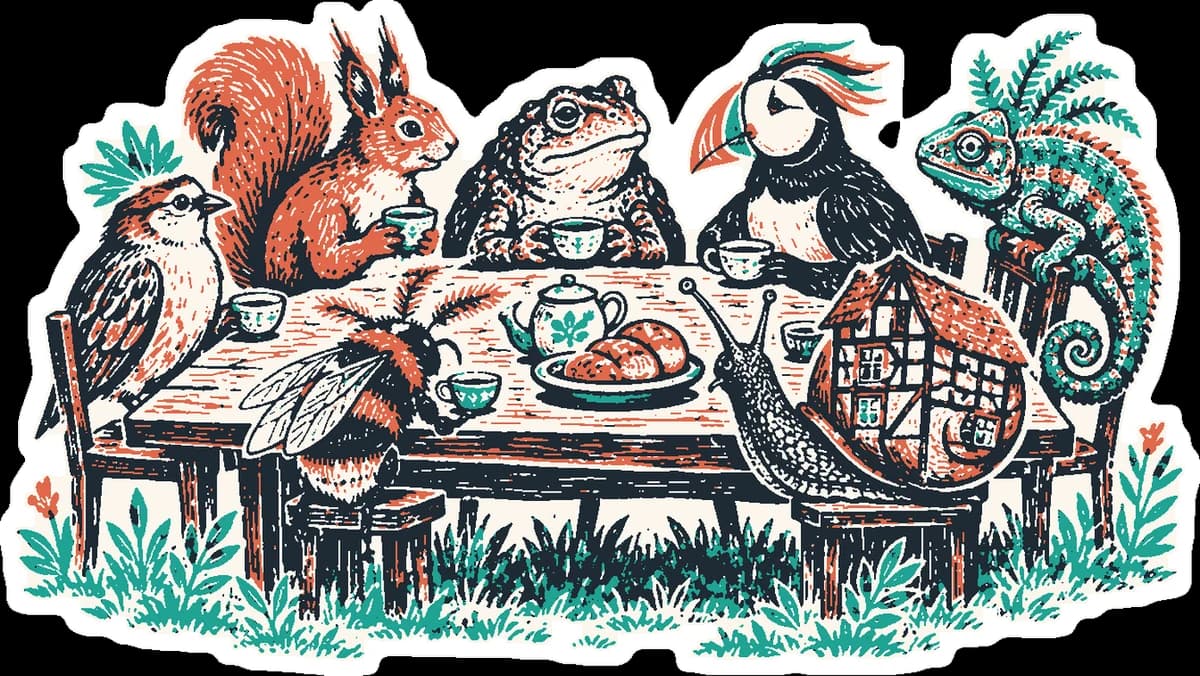 Linolschnitt: Spatz, Eichhörnchen, Kröte, Papageitaucher, Hummel, Schnecke und Chamäleon sitzen zusammen an einem langen Tisch bei Tee und Brot