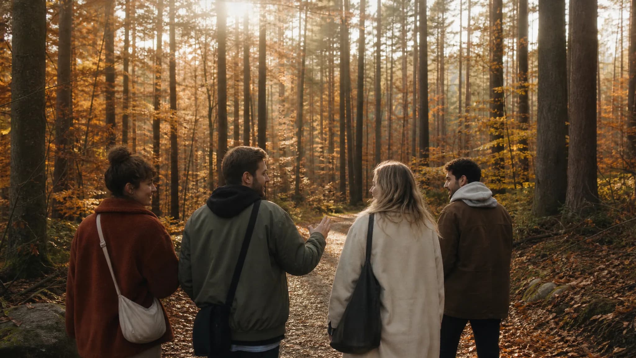 Freunde gehen gemeinsam durch einen herbstlichen Wald im Abendlicht