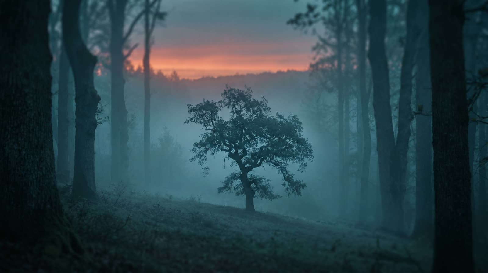 Ein einzelner Baum steht im nebligen Wald zur blauen Stunde