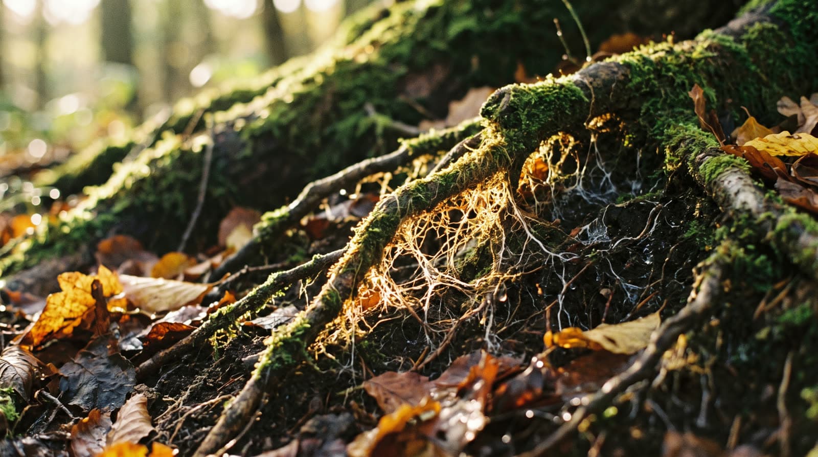 Wurzeln und leuchtendes Pilzgeflecht durchziehen den Waldboden