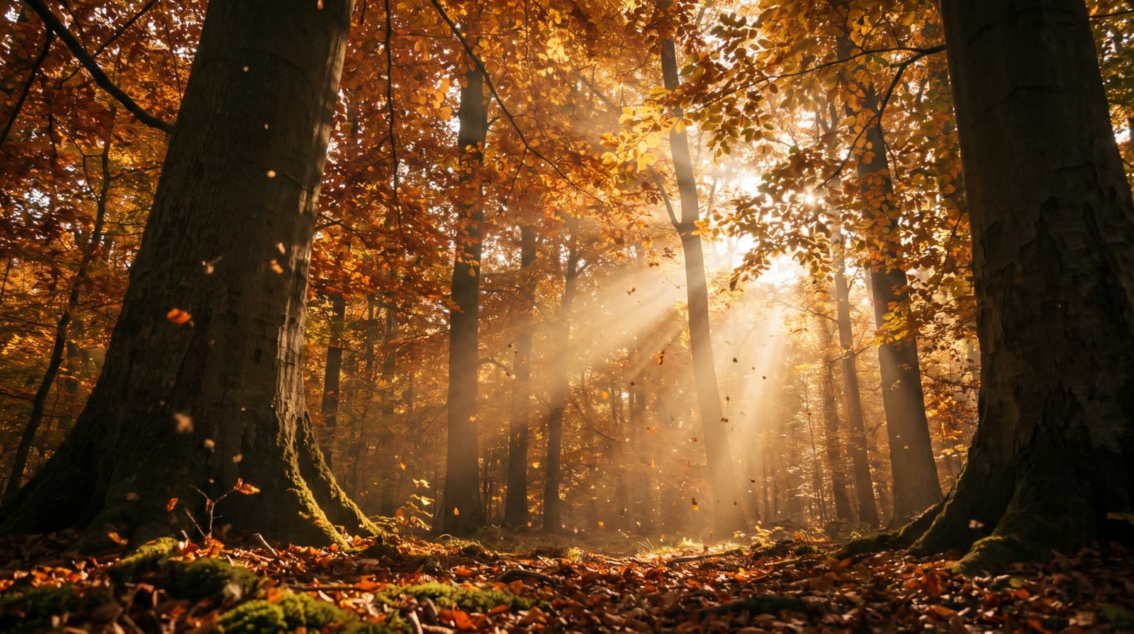 Goldenes Abendlicht bricht in Strahlen durch einen Herbstwald