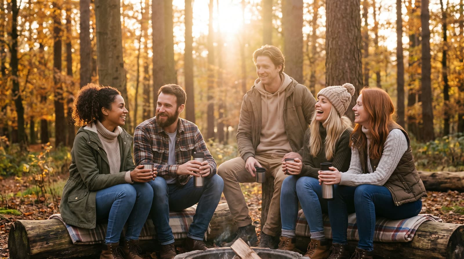 Eine kleine Gruppe von Freunden sitzt lachend auf einer warmen Waldlichtung