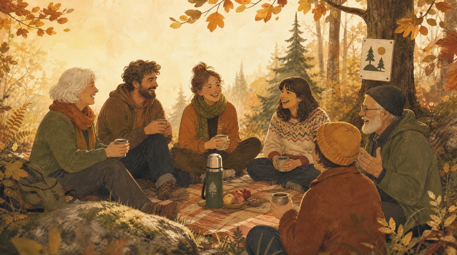 Eine kleine Gruppe von Freunden sitzt lachend auf einer warmen Waldlichtung