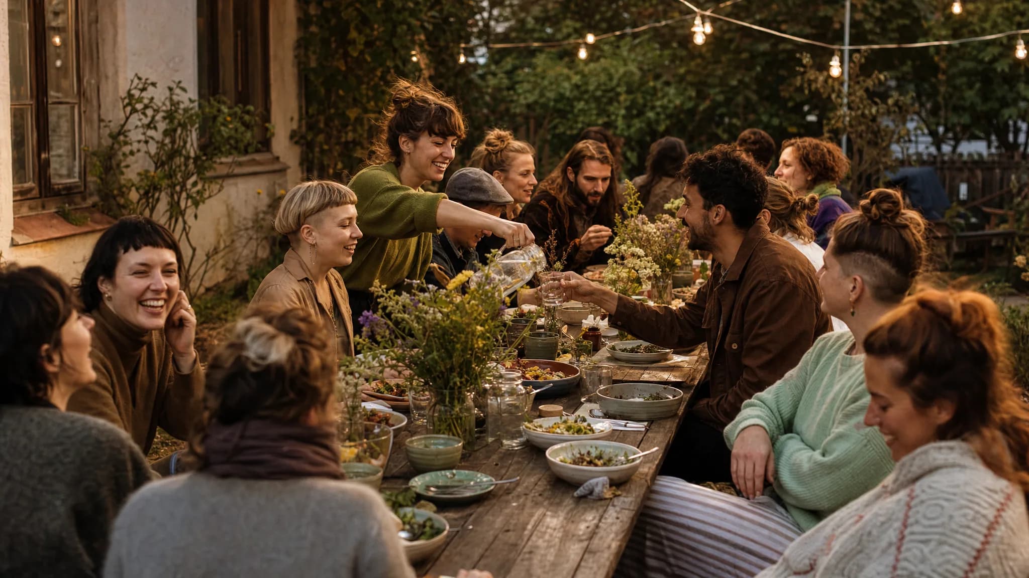Eine große Tafel im Hof, viele Menschen teilen gemeinsam ein Essen