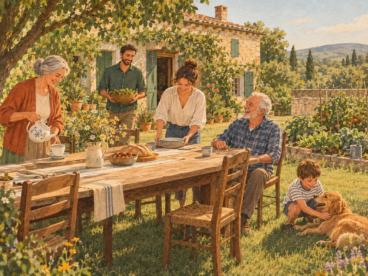 Illustration: Menschen verschiedenen Alters sitzen im Garten eines alten Hauses an einem langen Tisch