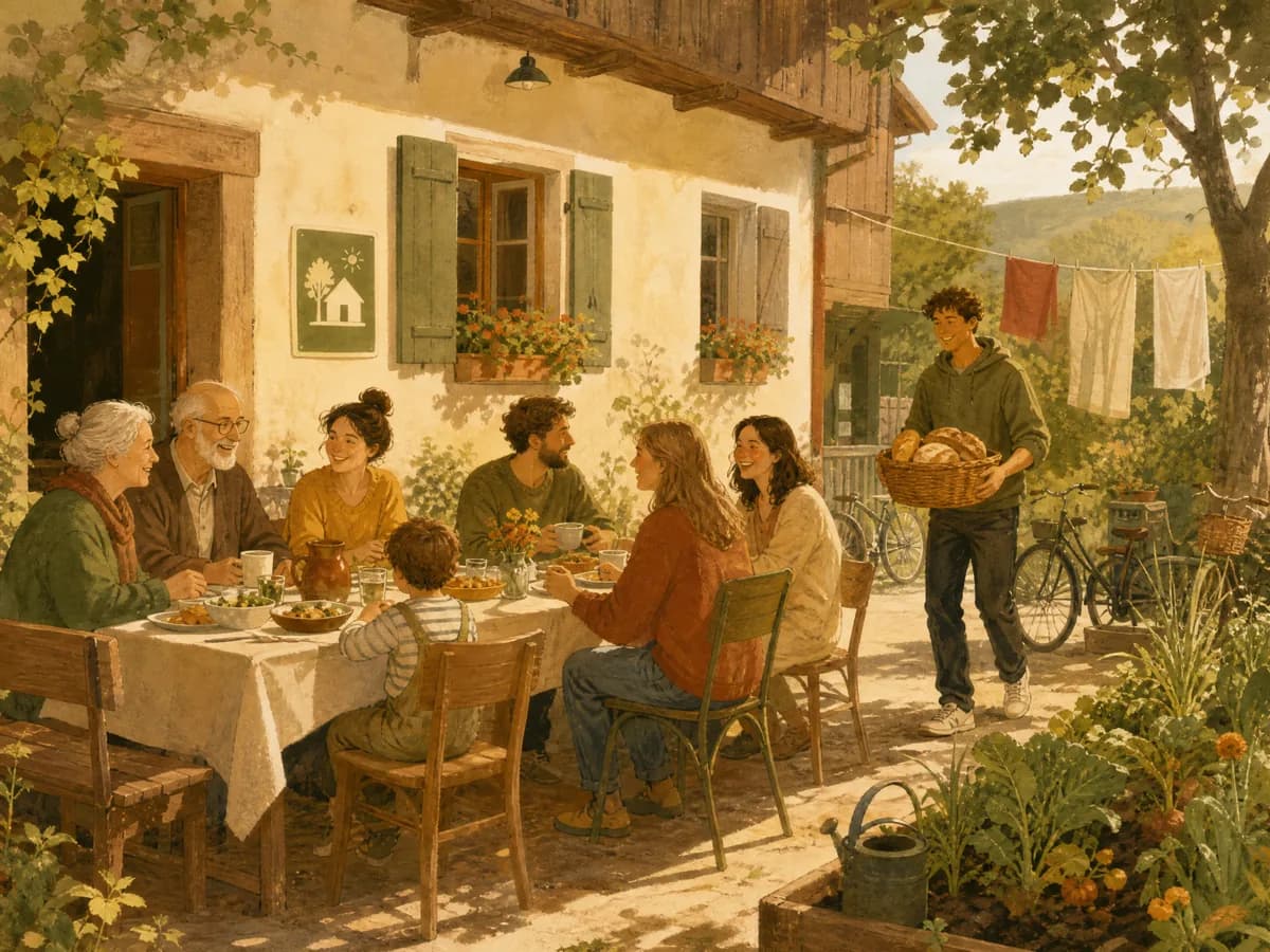 Illustration: Menschen verschiedenen Alters sitzen im Garten eines alten Hauses an einem langen Tisch
