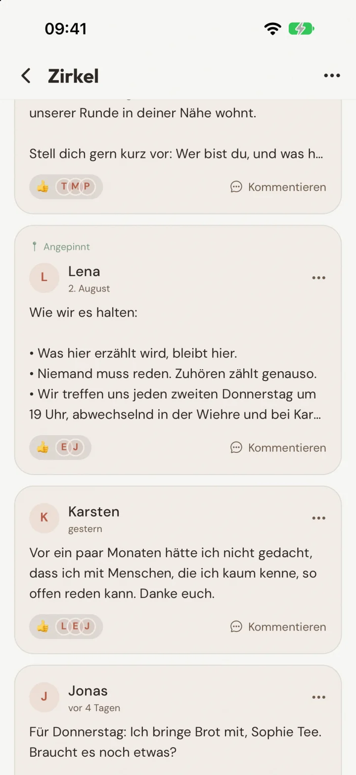 App-Bild: Beiträge im Zirkel, oben die angepinnten Regeln der Runde
