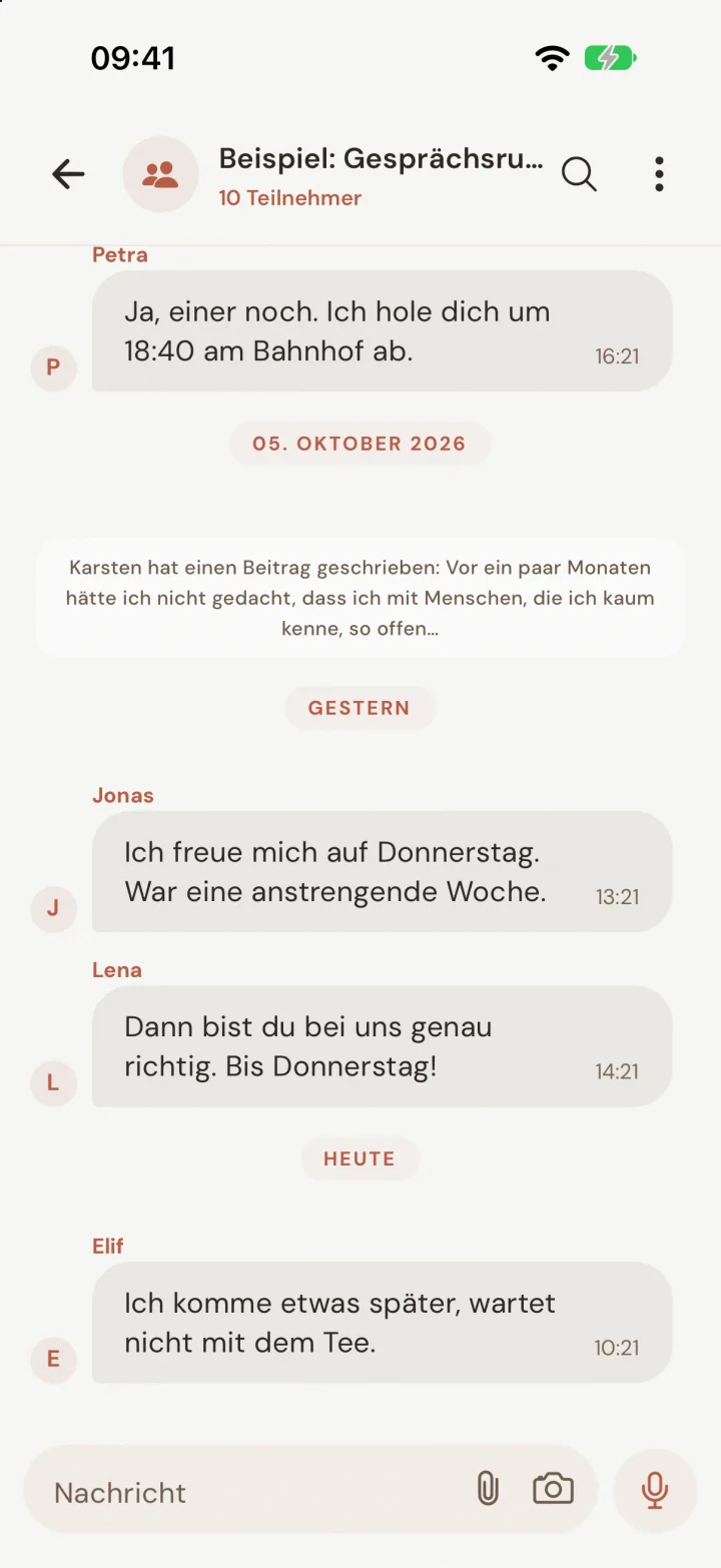 App-Bild: der Zirkel-Chat mit kurzen Nachrichten vor dem nächsten Treffen