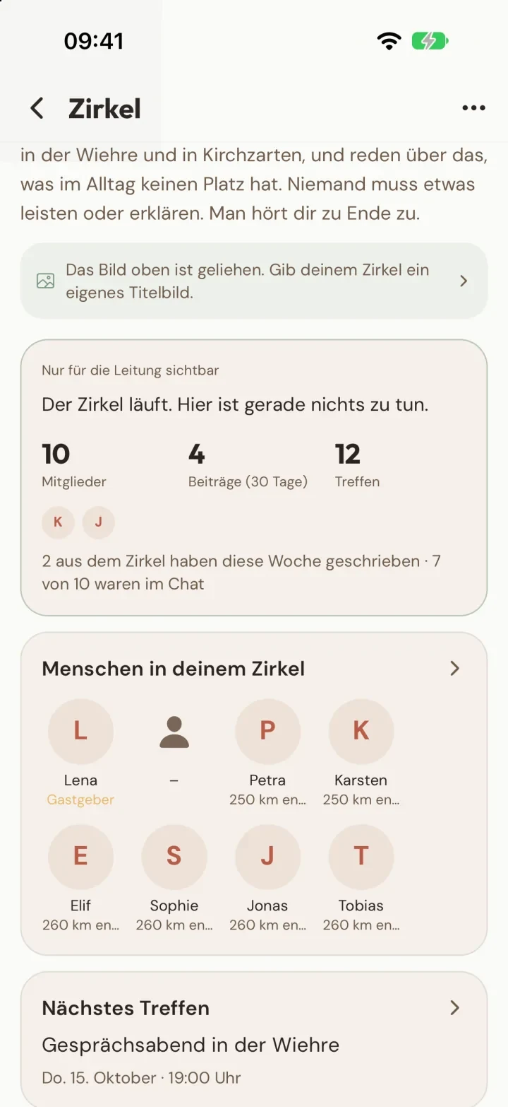 App-Bild: die Zirkel-Seite mit der Karte nur für die Leitung: Mitglieder, Beiträge, Treffen und wer diese Woche geschrieben hat