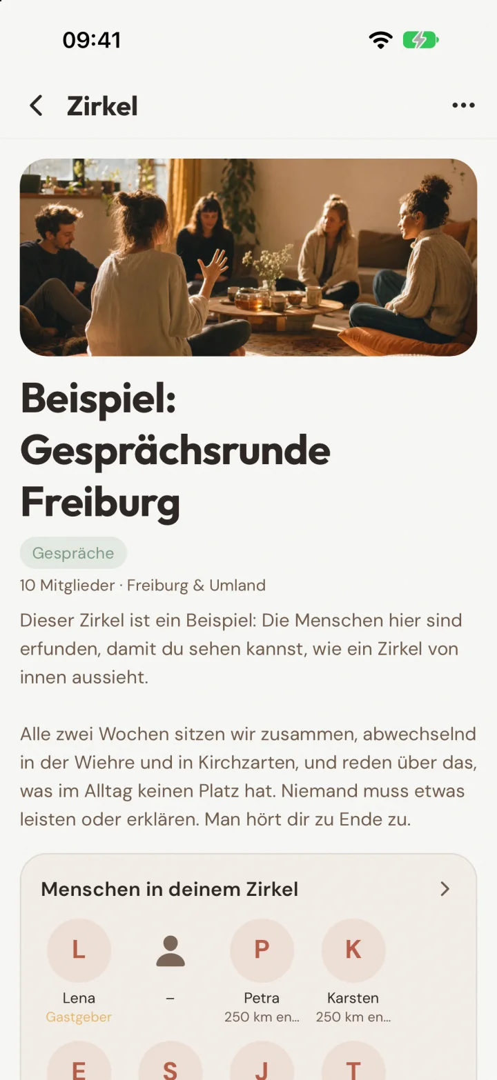 App-Bild: die Startseite eines Zirkels mit Titelbild, Name, Beschreibung und den Menschen im Zirkel