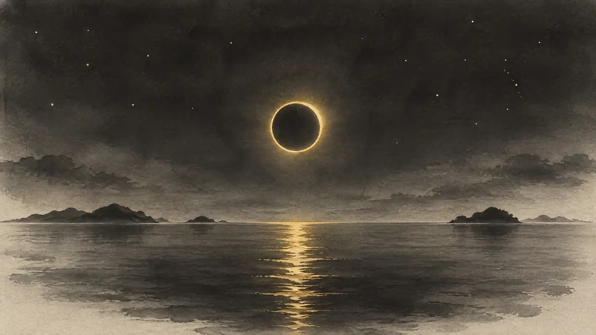 Tuschemalerei: eine Sonnenfinsternis über dem nächtlichen Meer. Um die dunkle Scheibe leuchtet ein goldener Ring, sein Licht spiegelt sich als schmaler Streifen im Wasser.
