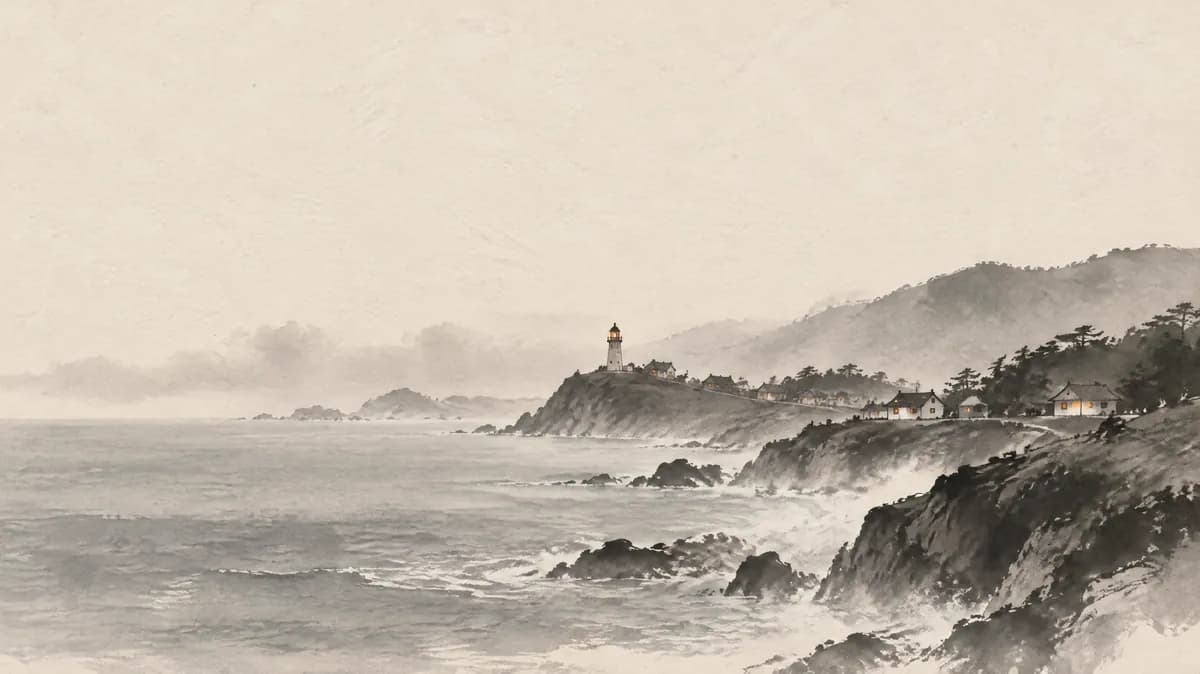 Tuschemalerei: eine Küste in der Dämmerung mit einem Leuchtturm und kleinen Häusern, in deren Fenstern warmes Licht brennt.
