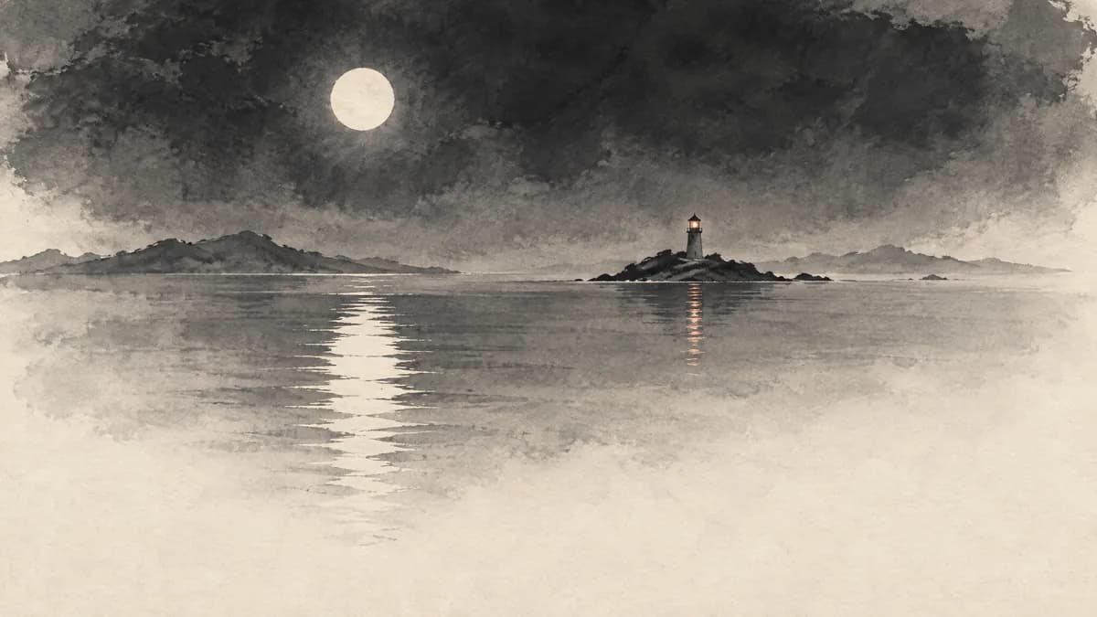 Tuschemalerei: nachts ein kleiner Leuchtturm auf einer Insel, im stillen Wasser spiegelt sich der Vollmond.