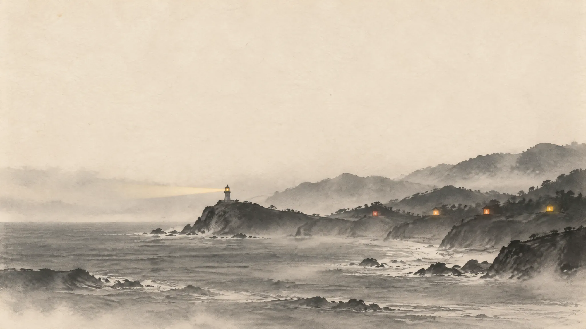 Tuschemalerei: eine Küste in der Dämmerung. Auf einer Landzunge steht ein Leuchtturm, dessen goldenes Licht über das Meer fällt. Weiter entlang der Küste brennen vier kleine Lichter in warmen Farben, jedes für sich.