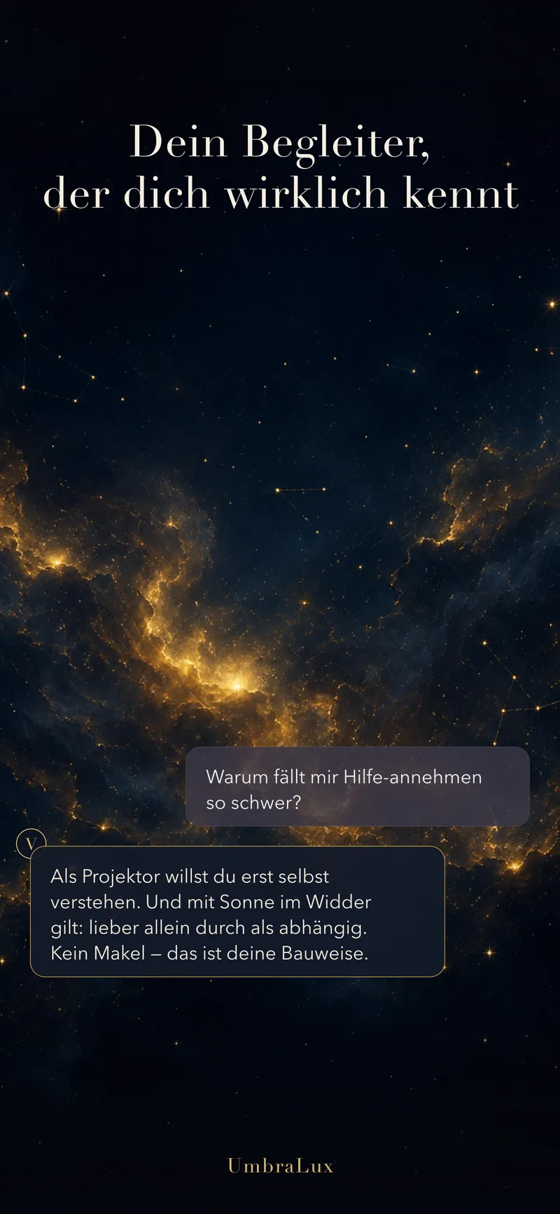 Bild aus dem App Store von UmbraLux: die Überschrift „Dein Begleiter, der dich wirklich kennt“ über einem Sternenhimmel, darunter ein kurzes Gespräch mit Verus.