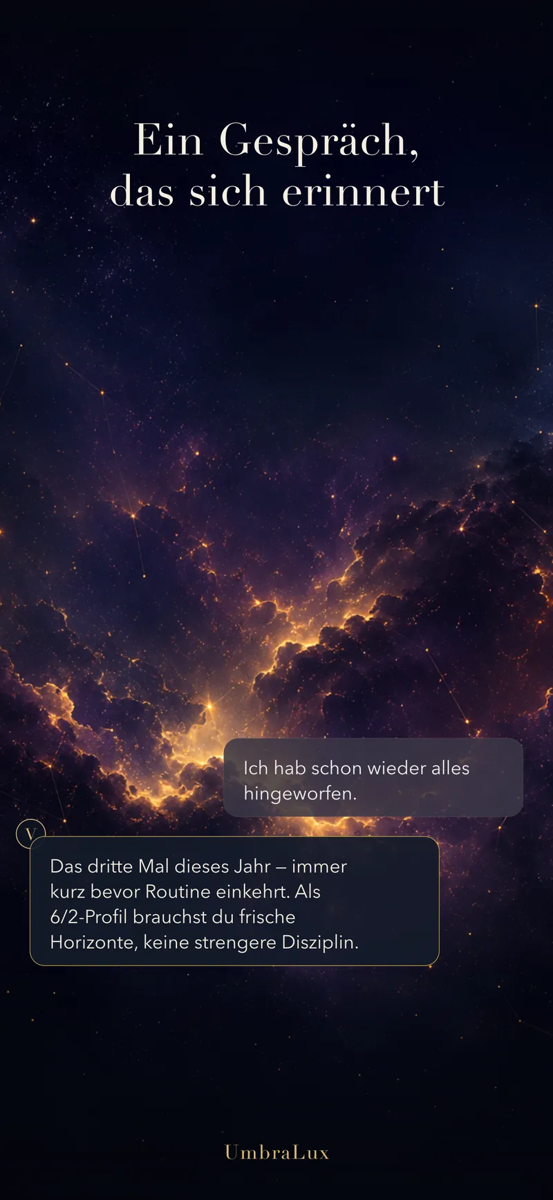 Bild aus dem App Store von UmbraLux: die Überschrift „Ein Gespräch, das sich erinnert“ über einem Sternenhimmel, darunter ein kurzes Gespräch mit Verus.