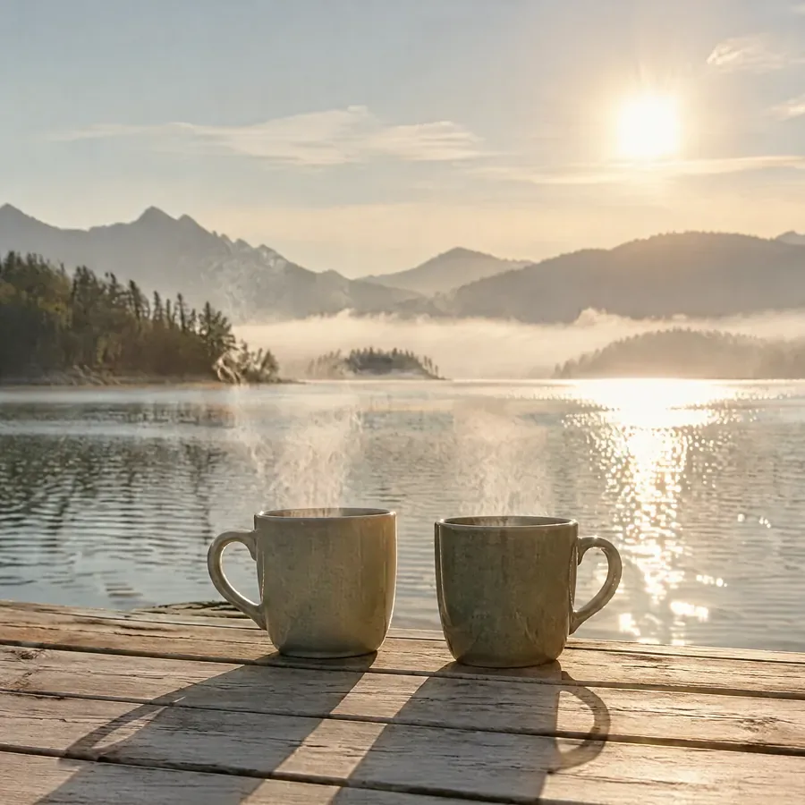 Motiv aus dem Kartendeck „Innehalten“: zwei dampfende Tassen auf einem Steg am See bei Sonnenaufgang.