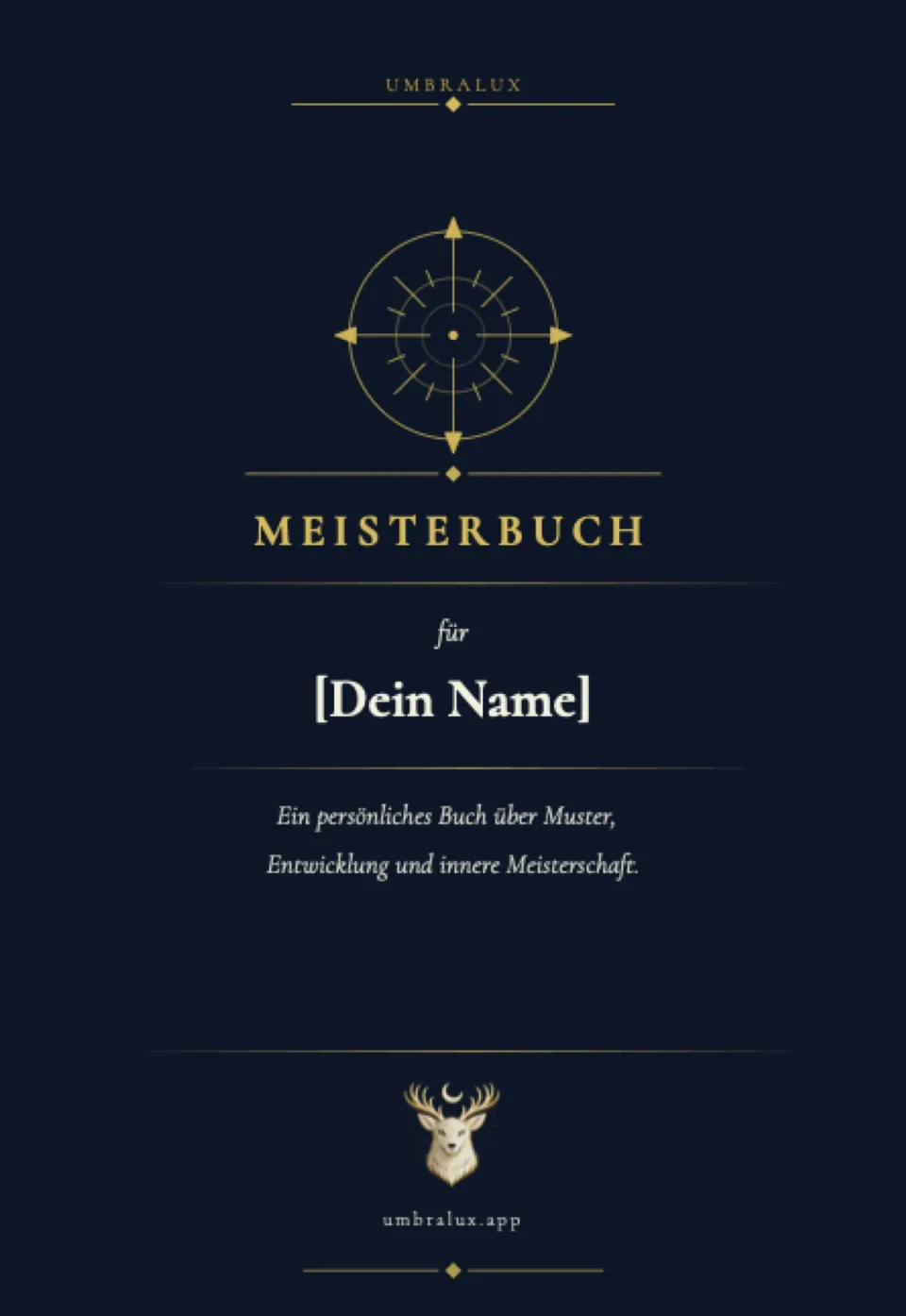 Umschlag des Meisterbuchs: dunkelblau mit goldenem Ornament, darunter der Titel und ein Platz für den eigenen Namen.