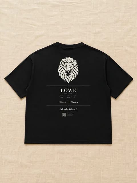 Ein schwarzes T-Shirt, flach gelegt, mit dem Sternzeichen Löwe als Motiv.