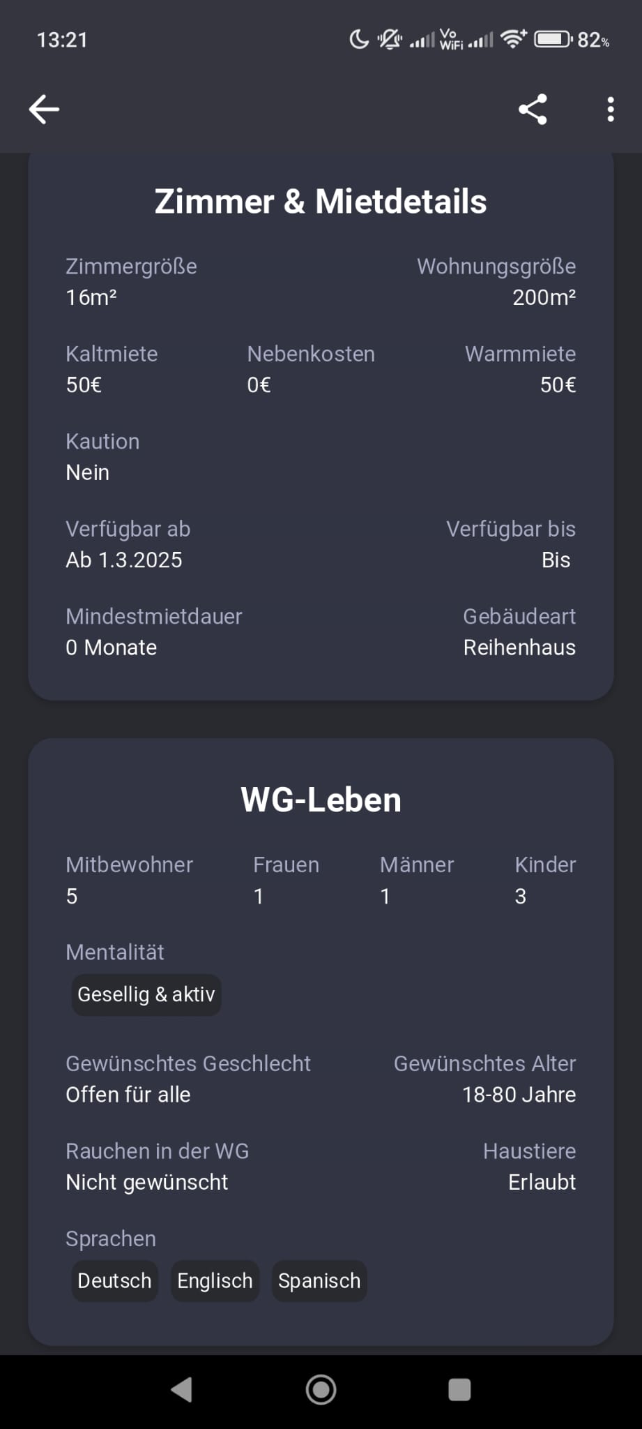 Zimmer und Mietdetails
